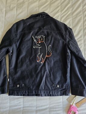 Levis Custom Bomber Trucker Black Embroidered Cat Patch Jacket